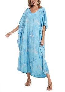 Turquoise Hand Blocked Batik Rayon Caftan Kaftan Loungewear Maxi Plus Size Long Dress 3X 4XS10014424_0_image_IJUST_WORKING