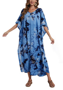 Dark blue Hand Blocked Batik Rayon Caftan Kaftan Loungewear Maxi Plus Size Long Dress 3X 4XS10014426-MU_0_image_IJUST_WORKING