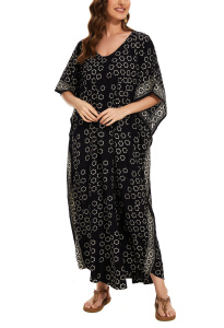 Black Hand Blocked Batik Rayon Caftan Kaftan Loungewear Maxi Plus Size Long Dress 3X 4XS10014428-MU_0_image_IJUST_WORKING