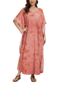 Coral Hand Blocked Batik Rayon Caftan Kaftan Loungewear Maxi Plus Size Long Dress 3X 4XS10014433_0_image_IJUST_WORKING