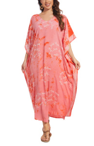 Coral Hand Blocked Batik Rayon Caftan Kaftan Loungewear Maxi Plus Size Long Dress XL 1X 2XS10014454_0_image_IJUST_WORKING