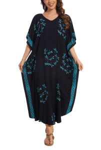 Black Hand Blocked Batik Rayon Caftan Kaftan Loungewear Maxi Plus Size Long Dress XL 1X 2XS10014491_0_image_IJUST_WORKING