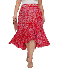 Fuchsia Batik Floral Print Long Flowy Pleated Elastic High Low Ruffle Skirt 3XS30014799_0_image_IJUST_WORKING