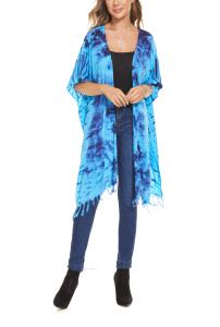 Blue HIPPIE Gypsy Tie Dye Kimono Cardigan Shawl Wrap Swimsuit Cover Up Jacket One Size