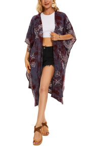 Wine HIPPIE Gypsy Hand Batik Kimono Cardigan Shawl Wrap Swimsuit Cover Up Jacket One Size