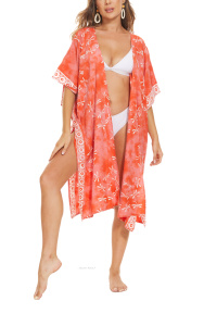 Coral HIPPIE Gypsy Hand Batik Kimono Cardigan Shawl Wrap Swimsuit Cover Up Jacket One Size