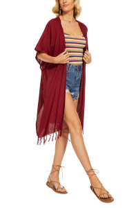 Maroon Long Solid Kimono Cardigan Shawl Wrap Swimsuit Cover Up Jacket One Size