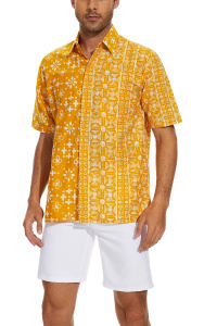 Classicmod Mustard Cotton Handmade Block Batik Men Shirts Summer Beach Wear