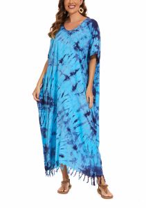 Blue Tie Dye Caftan Kaftan Loungewear Maxi Plus Size Long Dress XL to 4X
