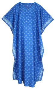 Blue Hand Blocked Batik Hippie Caftan Kaftan Loungewear Maxi Plus Size Long Dress 3X 4X