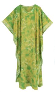 Green Hand Blocked Batik Rayon Caftan Kaftan Loungewear Maxi Plus Size Long Dress 3X 4X
