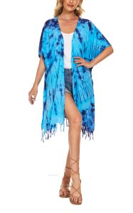 Blue HIPPIE Gypsy Tie Dye Kimono Cardigan Shawl Wrap Swimsuit Cover Up Jacket One Size