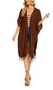 Brown Long Solid Kimono Cardigan Shawl Wrap Swimsuit Cover Up Jacket One Size