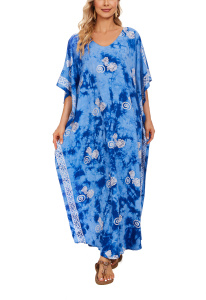 Blue Hand Blocked Batik Rayon Caftan Kaftan Loungewear Maxi Plus Size Long Dress 3X 4XS10014421-MU_0_image_IJUST_WORKING