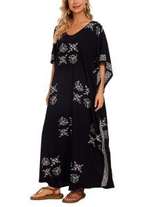 Black Hand Blocked Batik Rayon Caftan Kaftan Loungewear Maxi Plus Size Long Dress 3X 4XS10014425-MU_0_image_IJUST_WORKING