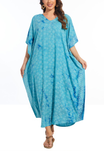 Turquoise Hand Blocked Batik Rayon Caftan Kaftan Loungewear Maxi Plus Size Long Dress 3X 4XS10014437-MU_0_image_IJUST_WORKING