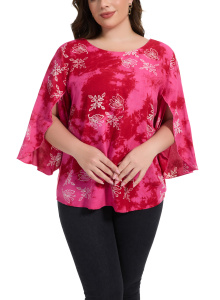 Fuchsia Plus Size Dressy Batik Blouse Tunic Top 3/4 Open Sleeves 1X 2XS40014886-MU_0_image_IJUST_WORKING