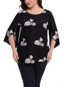 Black Plus Size Dressy Batik Blouse Tunic Top 3/4 Open Sleeves 1X 2XS40014887-MU_0_image_IJUST_WORKING