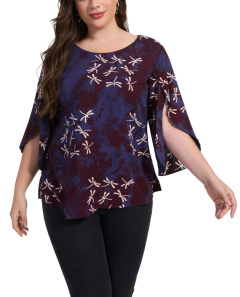 Red violet Plus Size Dressy Batik Blouse Tunic Top 3/4 Open Sleeves 1X 2XS40014889-MU_0_image_IJUST_WORKING