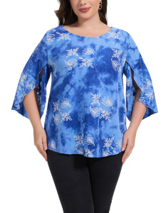 Blue Plus Size Dressy Batik Blouse Tunic Top 3/4 Open Sleeves 1X 2XS40014890-MU_0_image_IJUST_WORKING