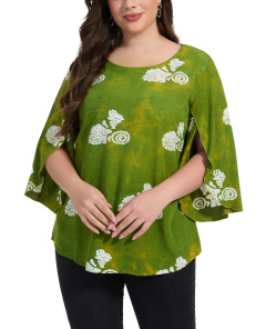 Olive Plus Size Dressy Batik Blouse Tunic Top 3/4 Open Sleeves 1X 2XS40014891-MU_0_image_IJUST_WORKING