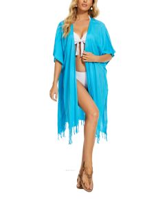 Turquoise Long Solid Kimono Cardigan Shawl Wrap Swimsuit Cover Up Jacket One Size